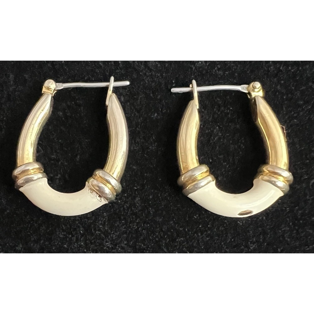 Vintage Gold Tone White Enamel Hoop Earrings 1"